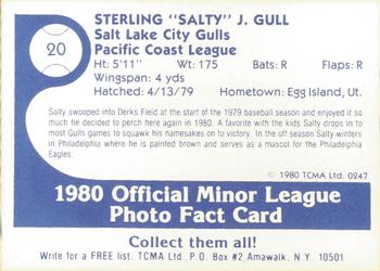 1980 TCMA Salt Lake City Gulls #20 Sterling Gull Back
