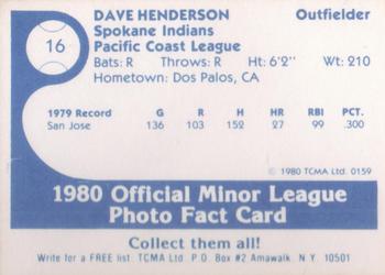 1980 TCMA Spokane Indians #16 Dave Henderson Back