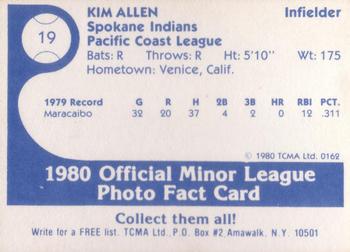 1980 TCMA Spokane Indians #19 Kim Allen Back