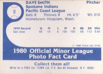 1980 TCMA Spokane Indians #2 Dave Smith Back