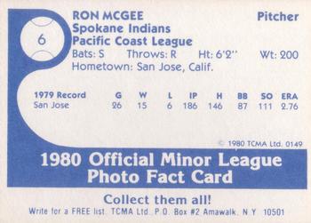 1980 TCMA Spokane Indians #6 Ron McGee Back