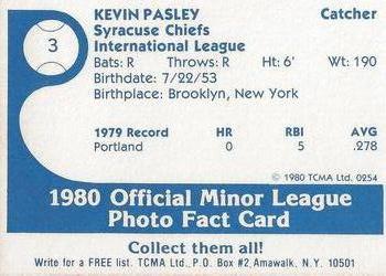 1980 TCMA Syracuse Chiefs #3 Kevin Pasley Back