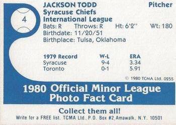 1980 TCMA Syracuse Chiefs #4 Jackson Todd Back