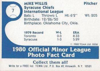 1980 TCMA Syracuse Chiefs #7 Mike Willis Back