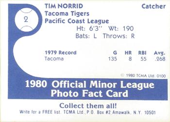 1980 TCMA Tacoma Tigers #2 Tim Norrid Back