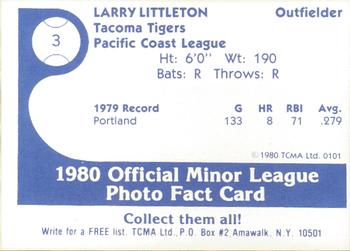 1980 TCMA Tacoma Tigers #3 Larry Littleton Back
