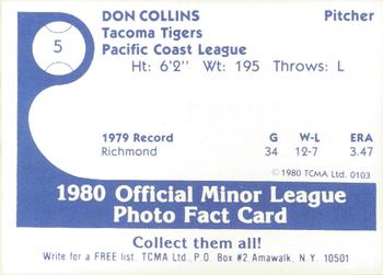 1980 TCMA Tacoma Tigers #5 Don Collins Back