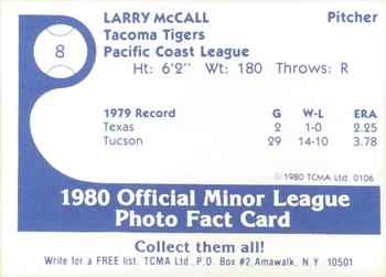 1980 TCMA Tacoma Tigers #8 Larry McCall Back