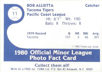 1980 TCMA Tacoma Tigers #11 Bob Allietta Back