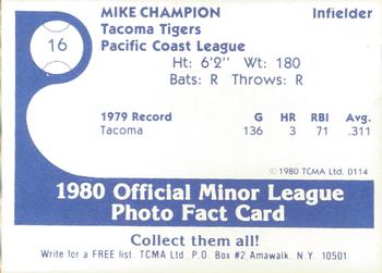 1980 TCMA Tacoma Tigers #16 Mike Champion Back