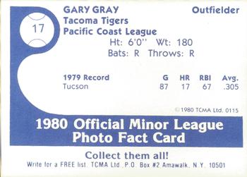 1980 TCMA Tacoma Tigers #17 Gary Gray Back