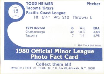 1980 TCMA Tacoma Tigers #18 Todd Heimer Back
