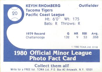1980 TCMA Tacoma Tigers #20 Kevin Rhomberg Back