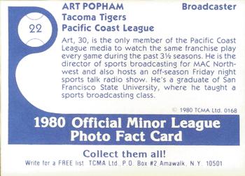 1980 TCMA Tacoma Tigers #22 Art Popham Back