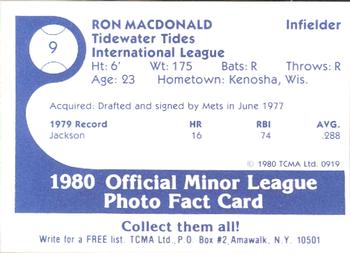 1980 TCMA Tidewater Tides #9 Ron MacDonald Back