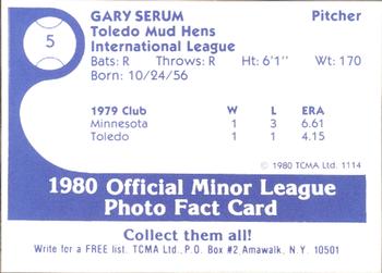 1980 TCMA Toledo Mud Hens #5 Gary Serum Back
