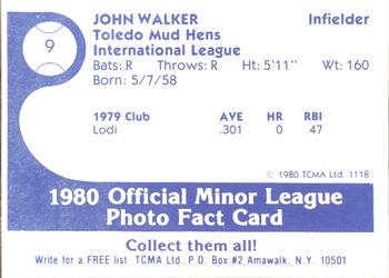 1980 TCMA Toledo Mud Hens #9 John Walker Back