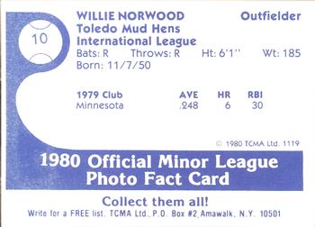 1980 TCMA Toledo Mud Hens #10 Willie Norwood Back