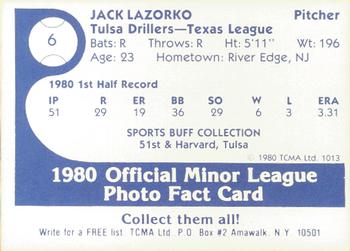 1980 TCMA Tulsa Drillers #6 Jack Lazorko Back
