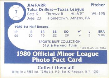 1980 TCMA Tulsa Drillers #7 Jim Farr Back