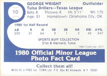 1980 TCMA Tulsa Drillers #10 George Wright Back