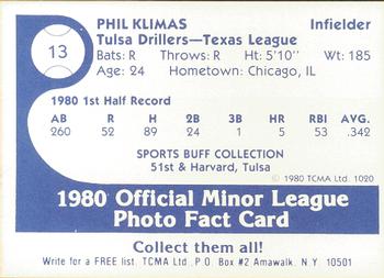 1980 TCMA Tulsa Drillers #13 Phil Klimas Back