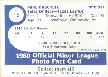 1980 TCMA Tulsa Drillers #15 Mike Jirschele Back