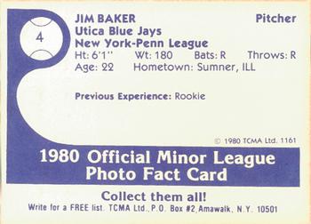 1980 TCMA Utica Blue Jays #4 Jim Baker Back