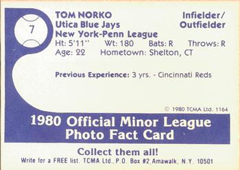 1980 TCMA Utica Blue Jays #7 Tom Norko Back
