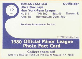 1980 TCMA Utica Blue Jays #12 Tomas Castillo Back