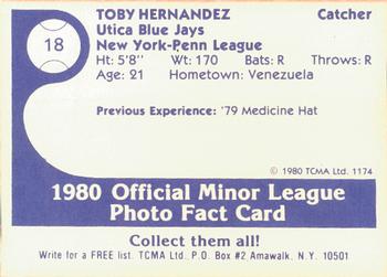 1980 TCMA Utica Blue Jays #18 Toby Hernandez Back
