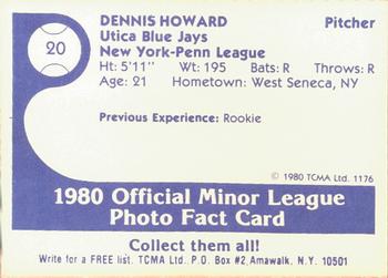 1980 TCMA Utica Blue Jays #20 Dennis Howard Back
