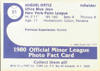 1980 TCMA Utica Blue Jays #21 Miguel Ortiz Back