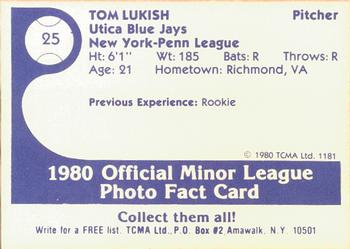 1980 TCMA Utica Blue Jays #25 Tom Lukish Back
