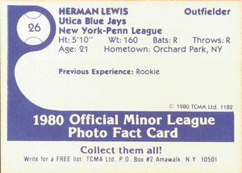1980 TCMA Utica Blue Jays #26 Herman Lewis Back
