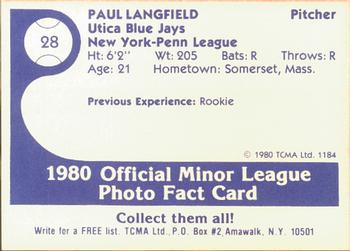 1980 TCMA Utica Blue Jays #28 Paul Langfield Back