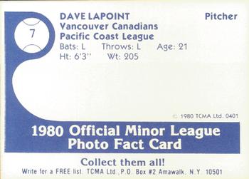 1980 TCMA Vancouver Canadians #7 Dave LaPoint Back