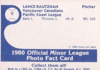 1980 TCMA Vancouver Canadians #9 Lance Rautzhan Back