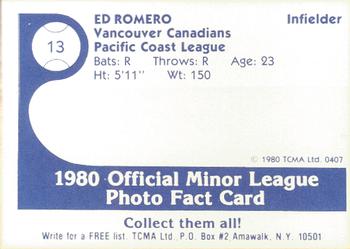 1980 TCMA Vancouver Canadians #13 Ed Romero Back