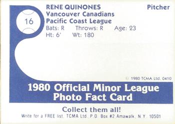 1980 TCMA Vancouver Canadians #16 Rene Quinones Back