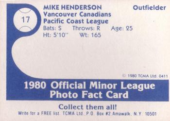 1980 TCMA Vancouver Canadians #17 Mike Henderson Back