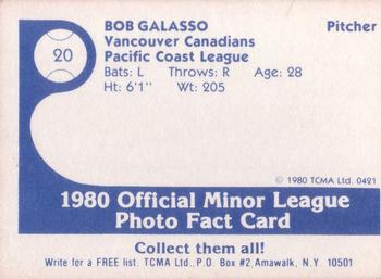 1980 TCMA Vancouver Canadians #20 Bob Galasso Back