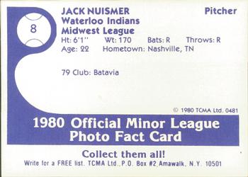 1980 TCMA Waterloo Indians #8 Jack Nuismer Back