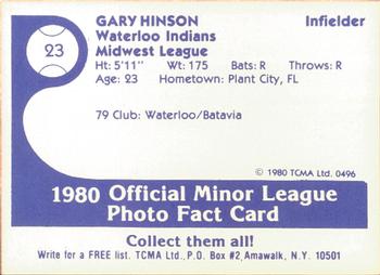 1980 TCMA Waterloo Indians #23 Gary Hinson Back