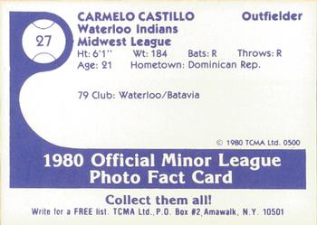 1980 TCMA Waterloo Indians #27 Carmelo Castillo Back