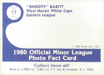 1980 TCMA West Haven White Caps #17 Shooty Babitt Back
