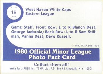 1980 TCMA West Haven White Caps #18b Staff Back