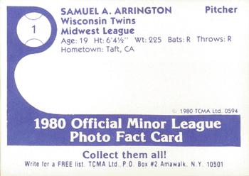 1980 TCMA Wisconsin Rapids Twins #1 Sam Arrington Back