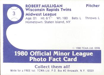 1980 TCMA Wisconsin Rapids Twins #3 Robert Mulligan Back