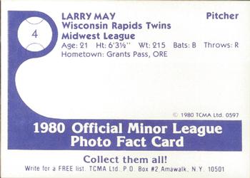 1980 TCMA Wisconsin Rapids Twins #4 Larry May Back